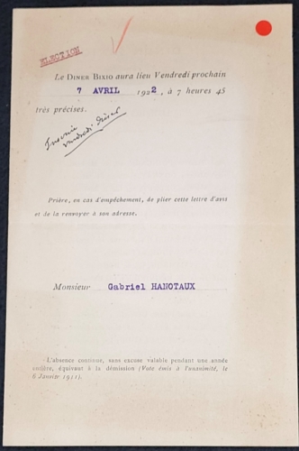 Diner Bixio du 07 04 1922 liste membres et invitation - invitation