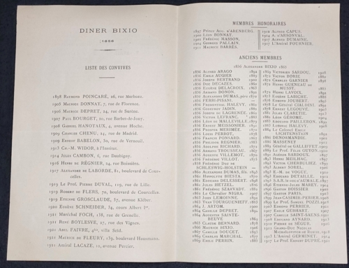 Diner Bixio du 07 04 1922 liste membres et invitation - liste des membres