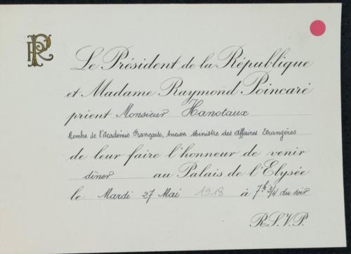 Invitation du Président Poincaré à Gabriel Hanotaux 1918
