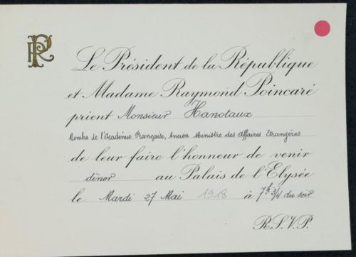 Invitation du Président Poincaré à Gabriel Hanotaux 1918