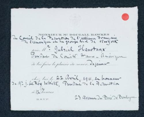 Invitation à diner de Dougall Hawkes avril 1911