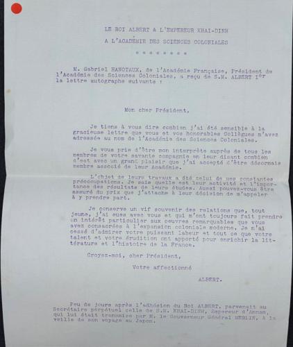 Lettre du roi Albert 1er et de l'empereur Khai Dinh