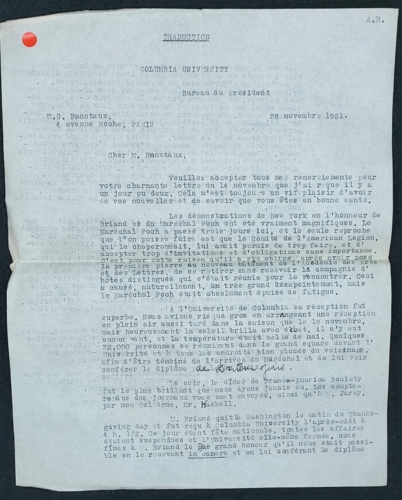 Lettre de Columbia Univiversity à Gabriel Hanotaux p.1