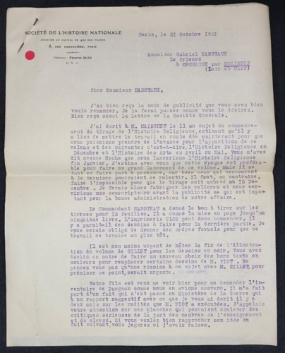 Lettre de la société de l'Histoire Nationale datée du 21 10 1921 p.1