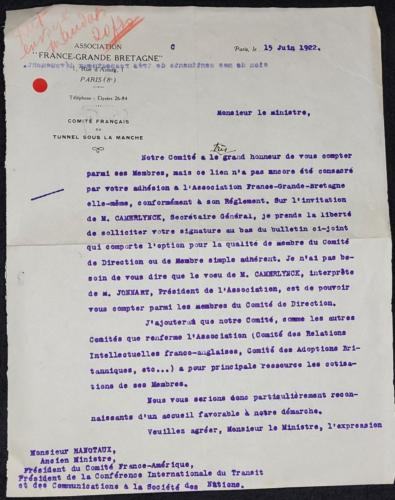 Lettre du comité français du tunnel sous la manche à à Gabriel Hanotaux 1922