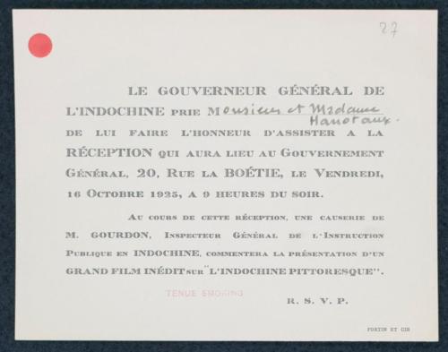 Invitation du gouverneur général d'Indochine à Gabriel Hanotaux pour une réception, 16 octobre 1925
