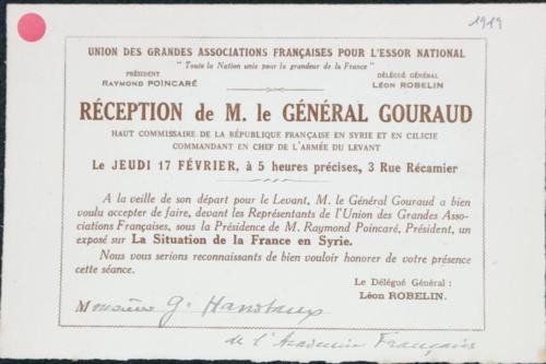 Invitation du général Gouraud à Gabriel Hanotaux pour une réception