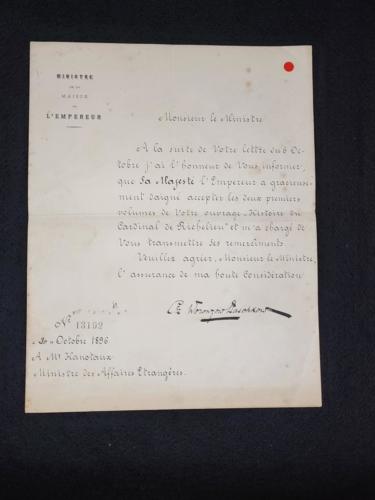 Lettre adressée à Gabriel Hanotaux, ministre des affaires étrangères