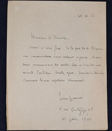 Lettre de Lucien Lachaire à Gabriel Hanotaux à  propos d'une communication avec le philosophe Bergson