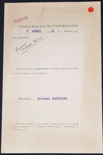 Invitation au Diner au Bixio du 07 avril1922 
