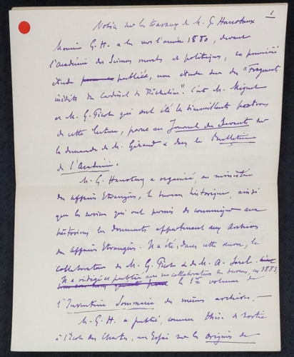 Notice manuscrite sur les travaux de Gabriel Hanotaux p.1