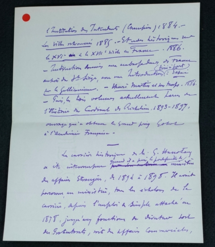 Notice manuscrite sur les travaux de Gabriel Hanotaux p.2